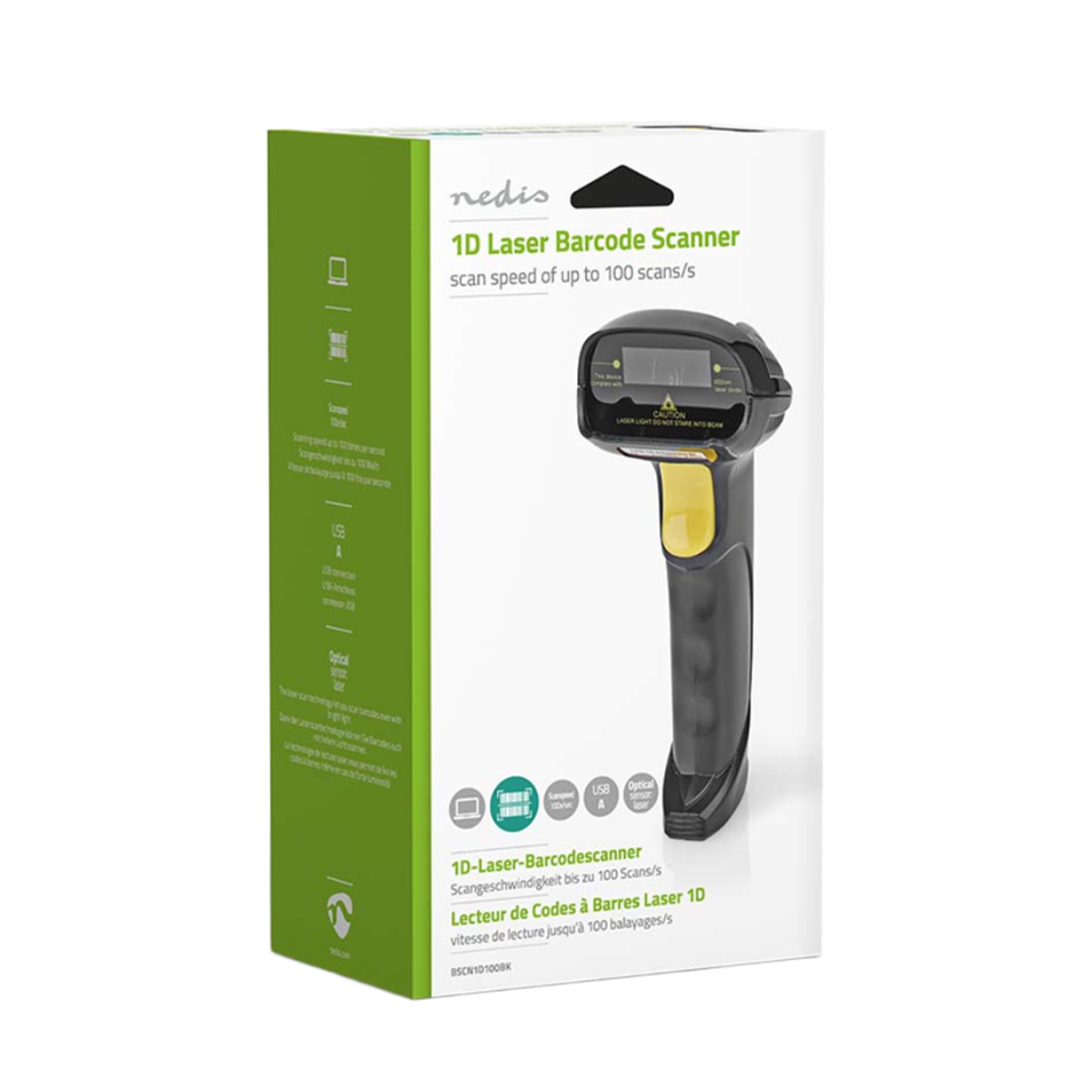 Uno scanner laser 1D Nedis con impugnatura gialla sulla confezione.