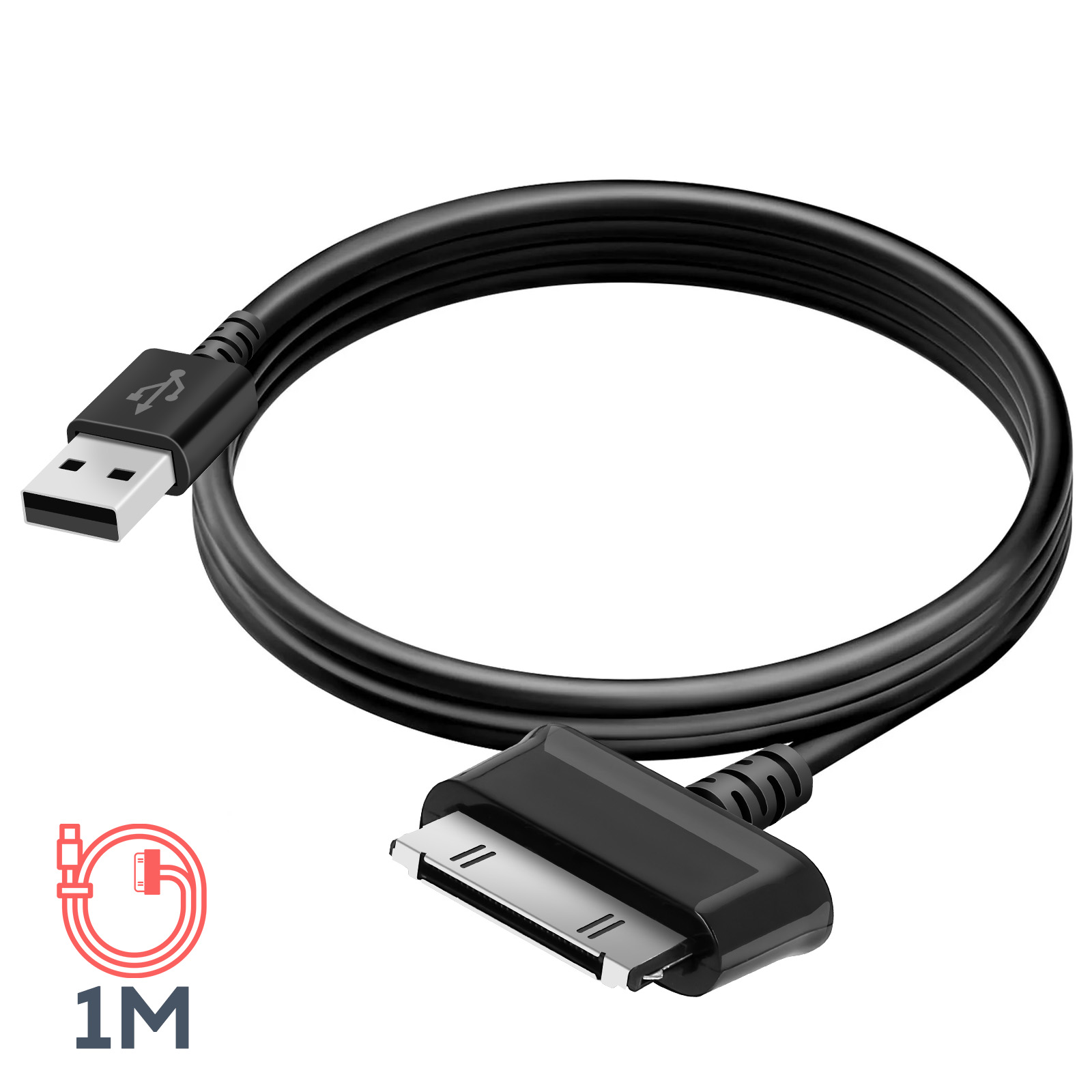 Un cavo USB nero con connettore a 30 pin e spina USB.