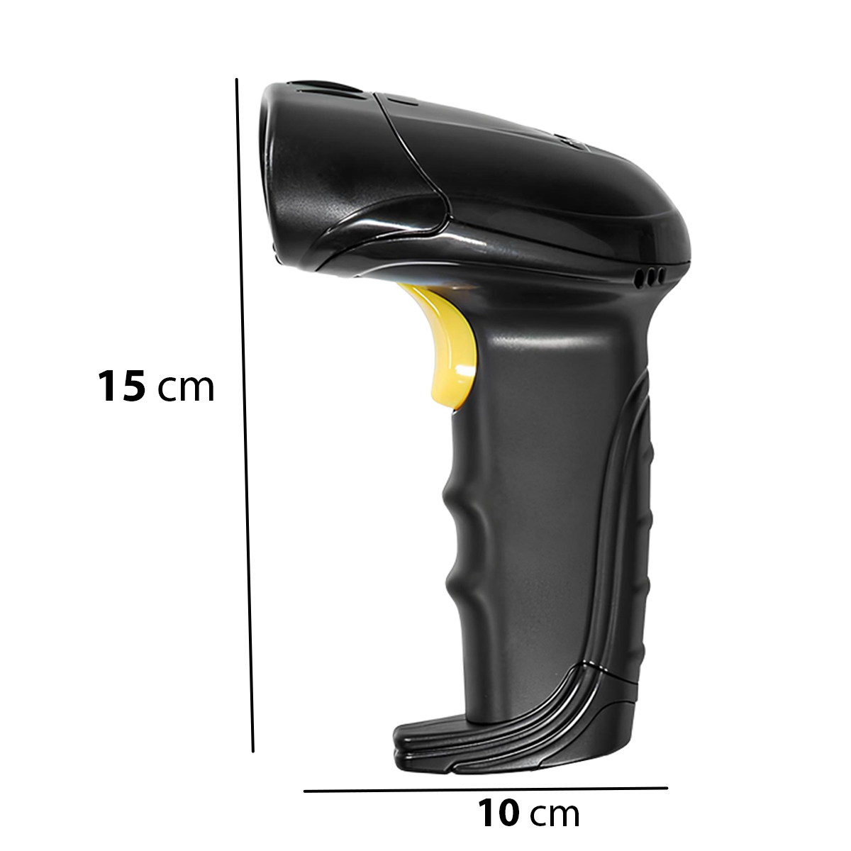 Scanner di codici a barre nero con grilletto giallo, alto 15 cm, largo 10 cm.