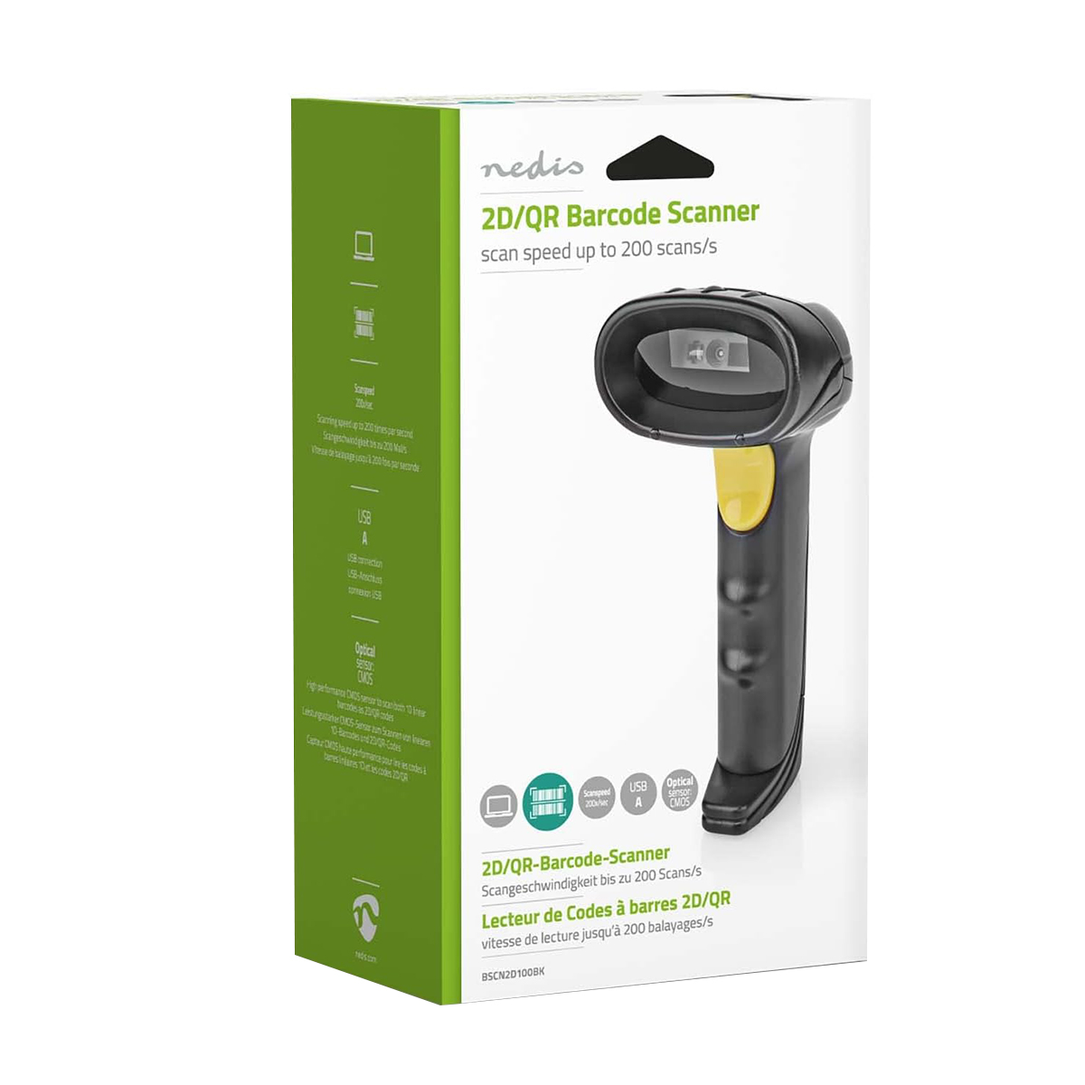 Scanner codici a barre 2D/QR Nedis: Nero e giallo, con USB, velocità scansione fino a 200 scans/s.