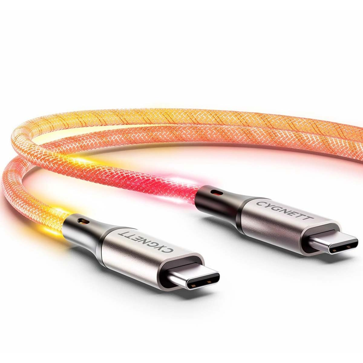 Un cavo USB-C luminoso con treccia arancione e luci.