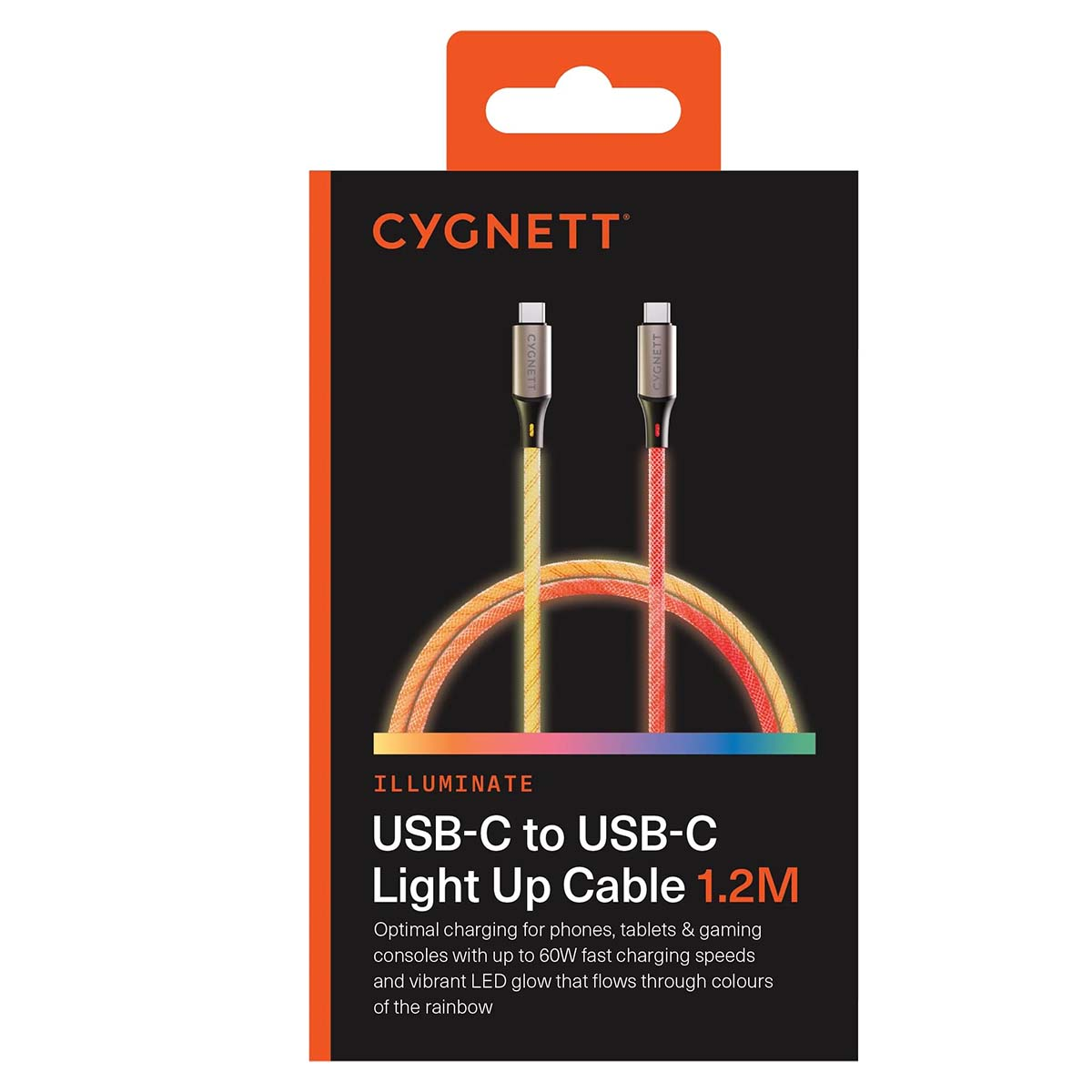 Confezione con logo CYGNETT. Due cavi USB-C con illuminazione a LED.