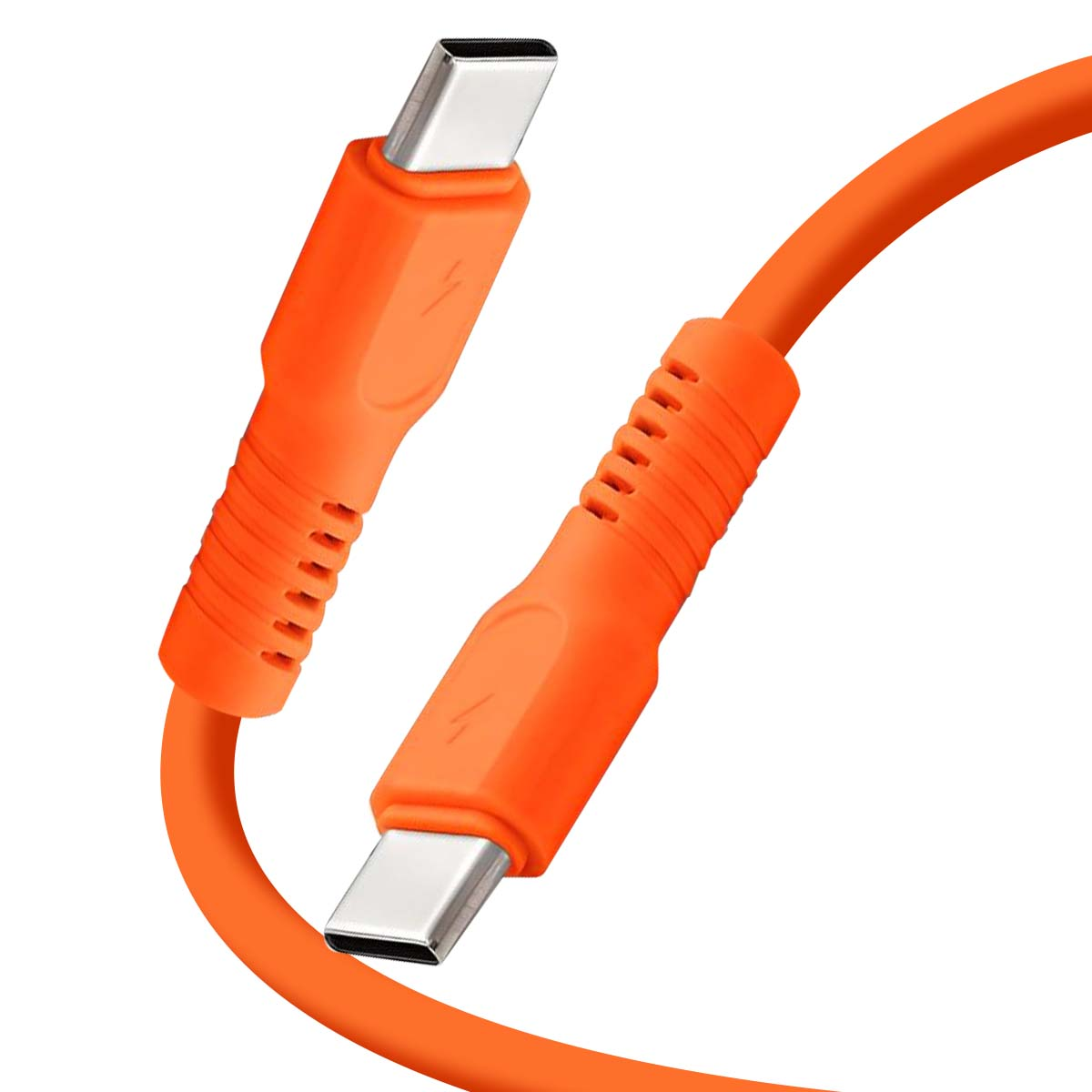 Cavo USB-C arancione con connettori argentati e impugnature a coste. Visibile un simbolo di fulmine.
