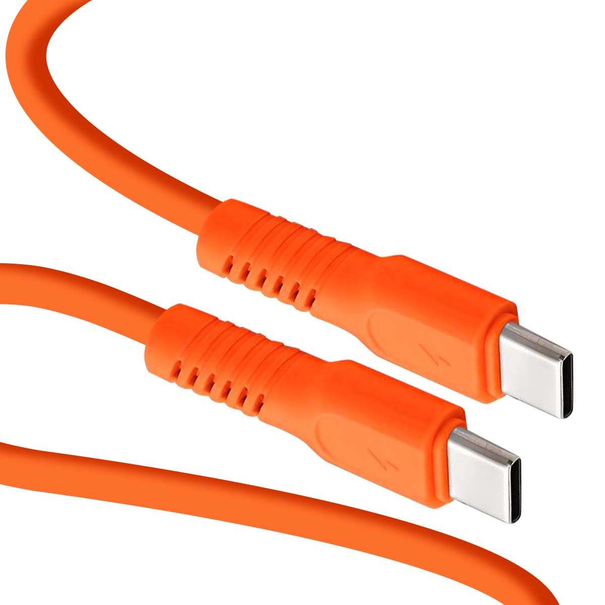 Due cavi USB-C arancioni con connettori argentati su sfondo bianco.