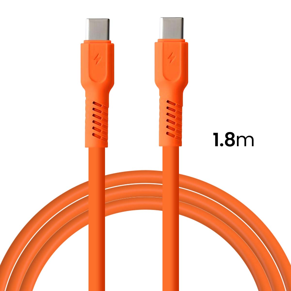 Un cavo USB-C arancione con connettori argentati, etichettato 1,8 m.