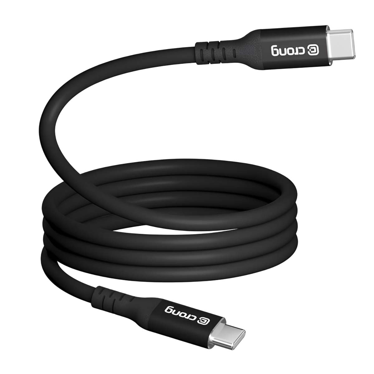 Un cavo USB-C nero arrotolato su sfondo bianco.