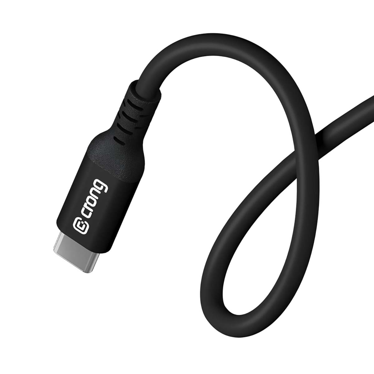Cavo USB-C nero con logo "crong", su sfondo bianco.