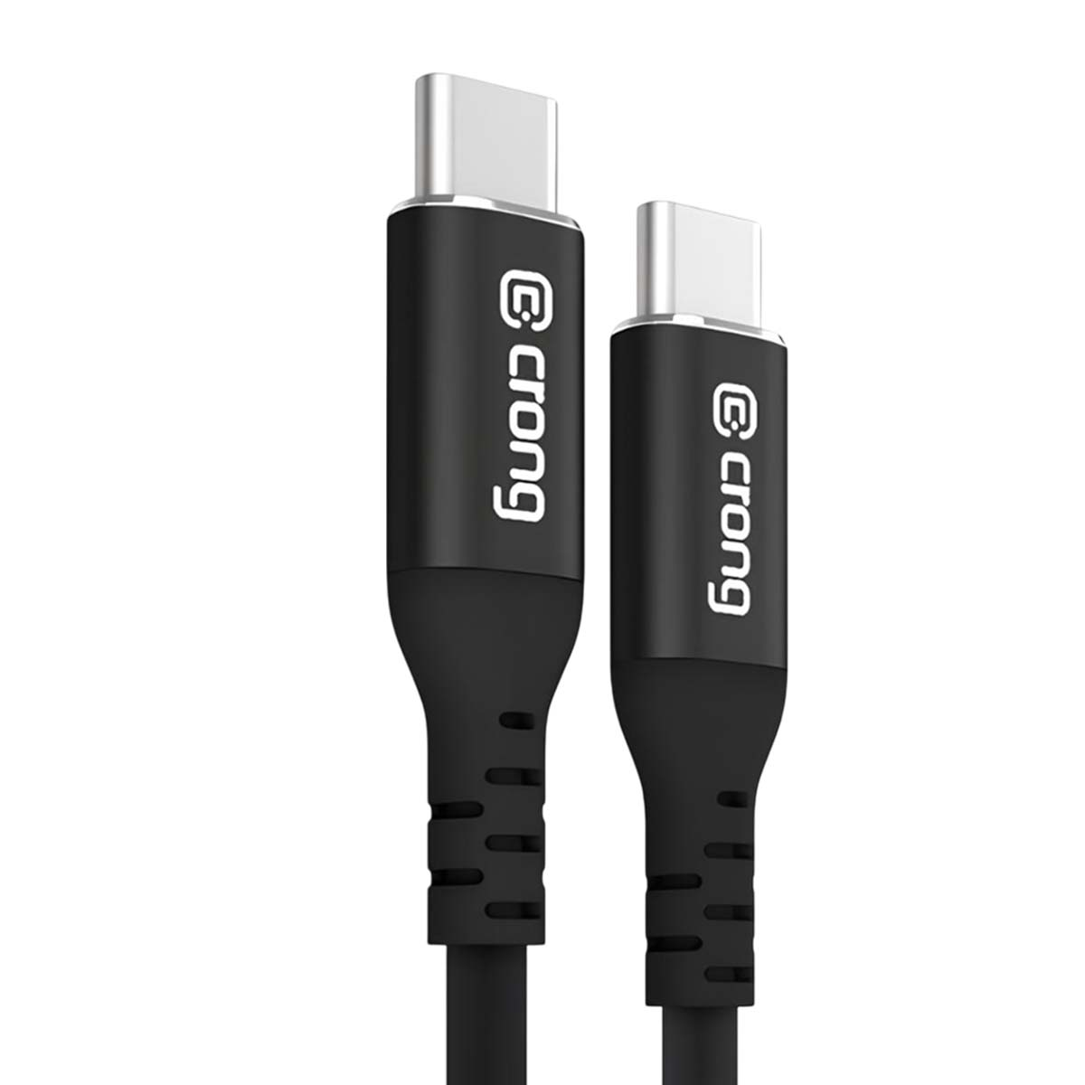 Due cavi USB-C neri con connettori argentati e loghi bianchi.