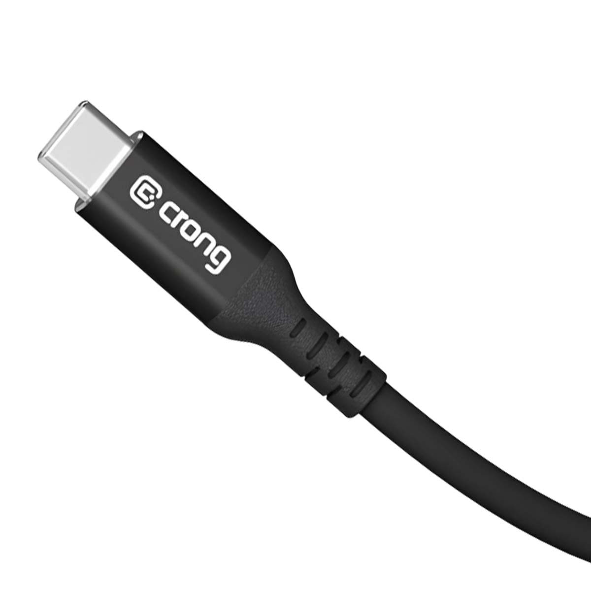 Cavo USB-C nero con logo bianco Crong, su sfondo bianco.