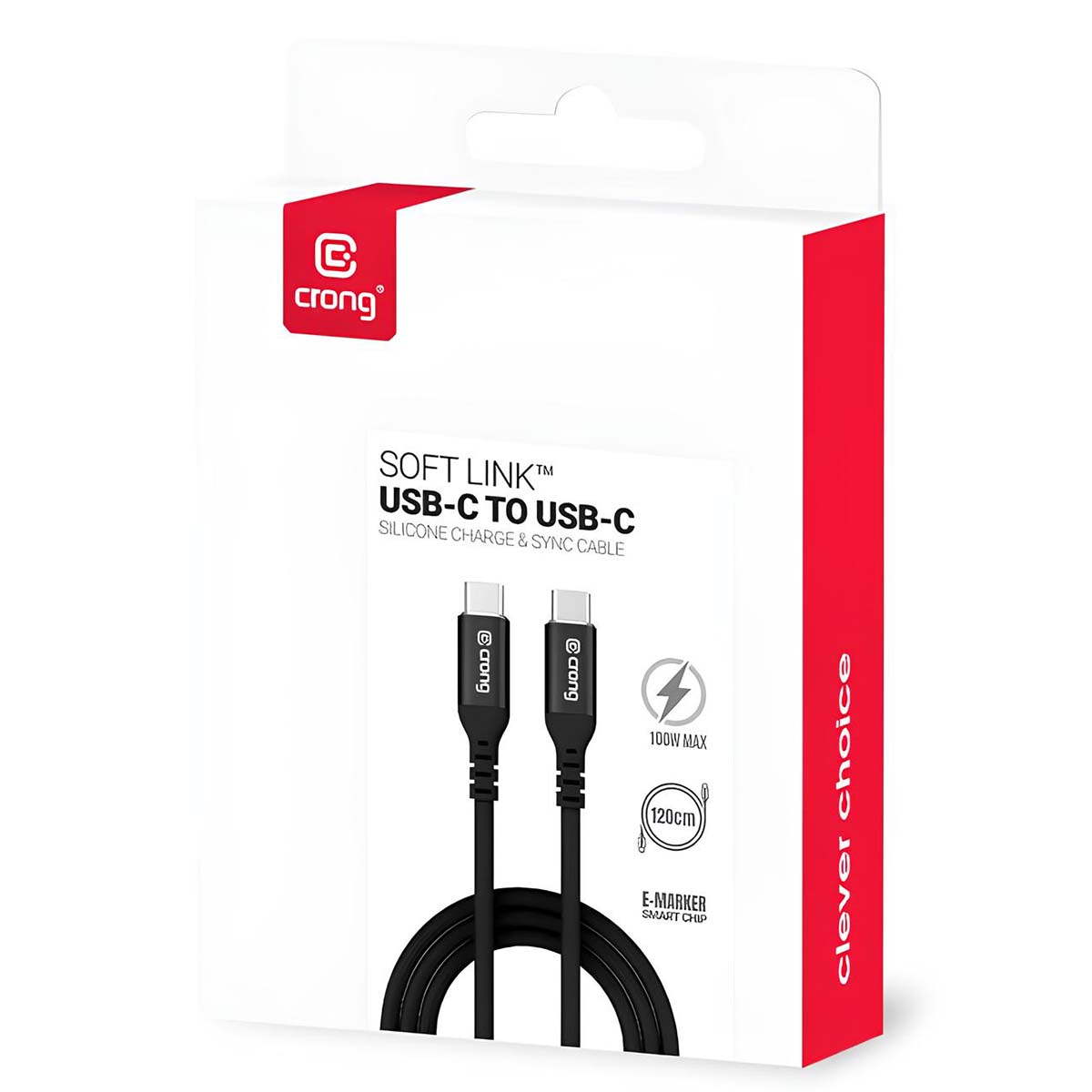 Cavo Crong USB-C a USB-C, 100W max, 120cm, silicone nero.