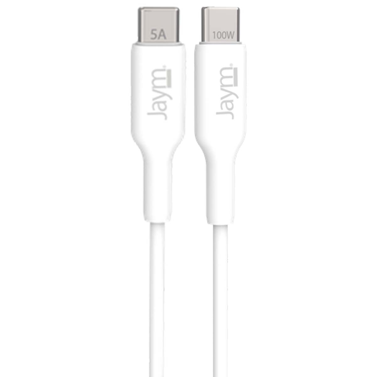 Due cavi USB-C Jaym bianchi, uno da 5A, l'altro da 100W.