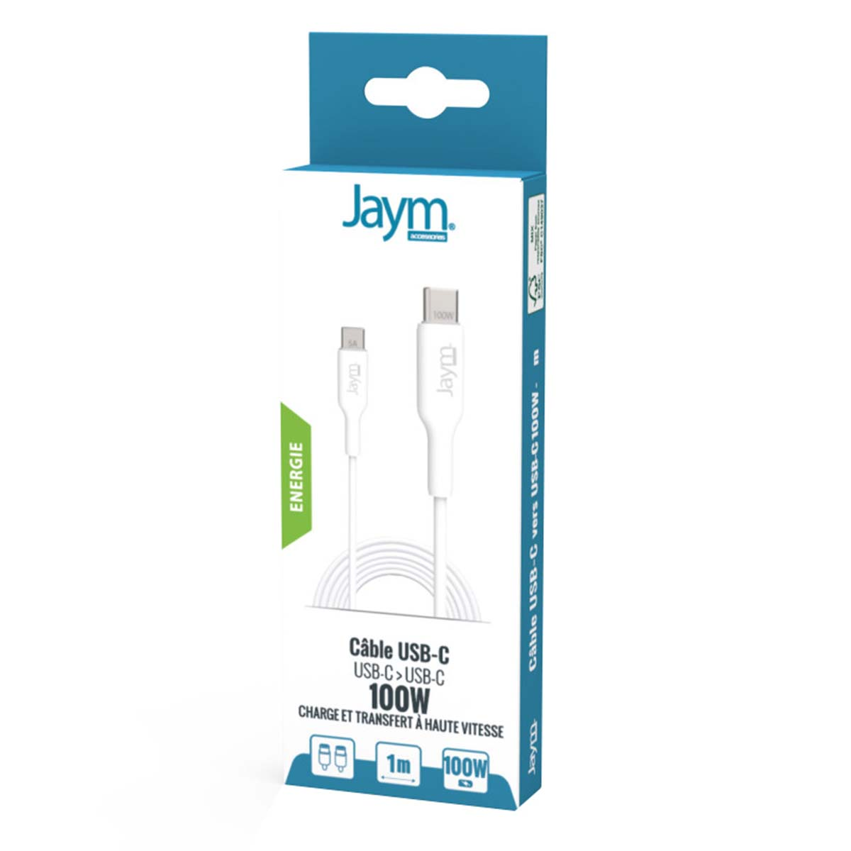 Cavo Jaym USB-C, 1m, 100W, bianco, con connettori USB-C.