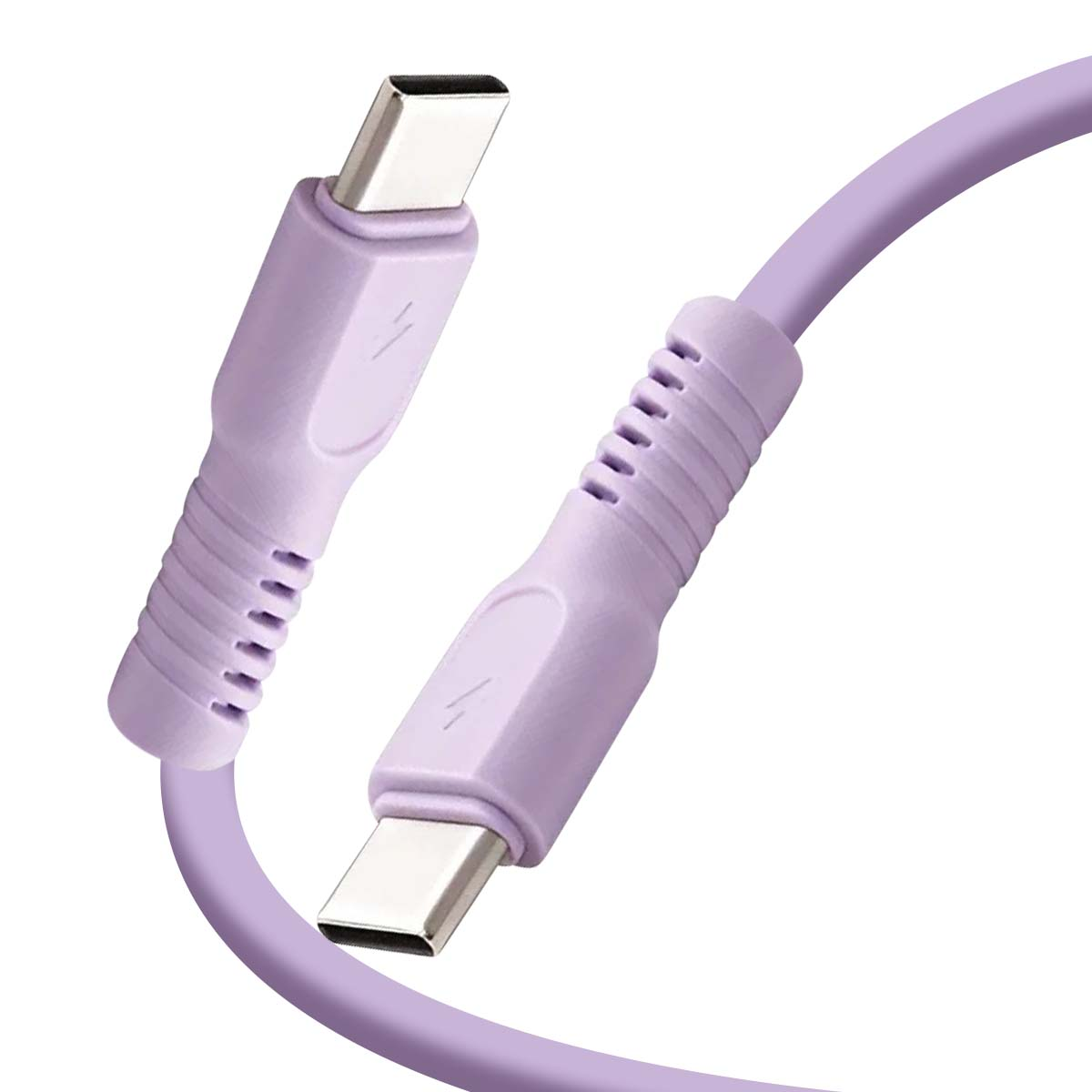 Due estremità di cavo USB-C con connettori argentati e un cavo viola.