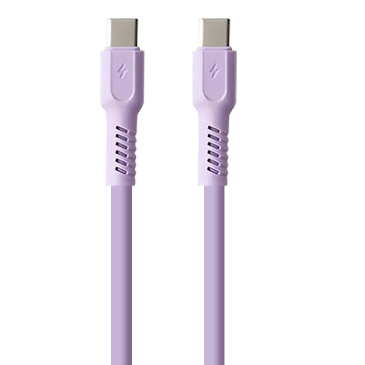 Due cavi USB-C viola con connettori argentati su sfondo bianco.