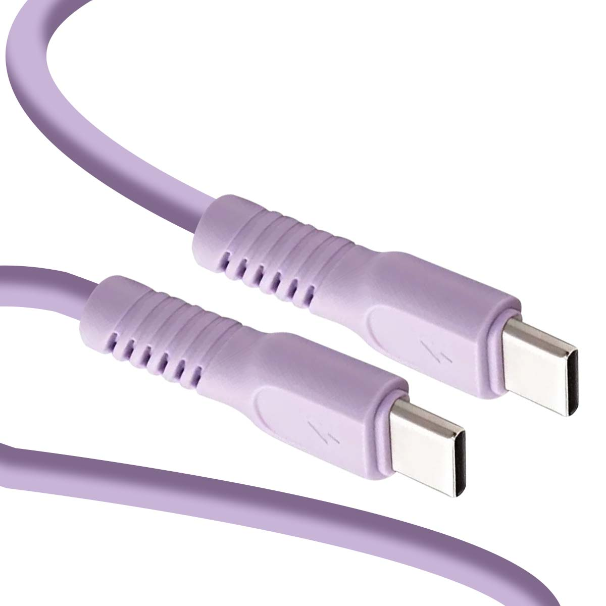 Due cavi USB-C lilla con connettori a coste e estremità argentate su sfondo bianco.