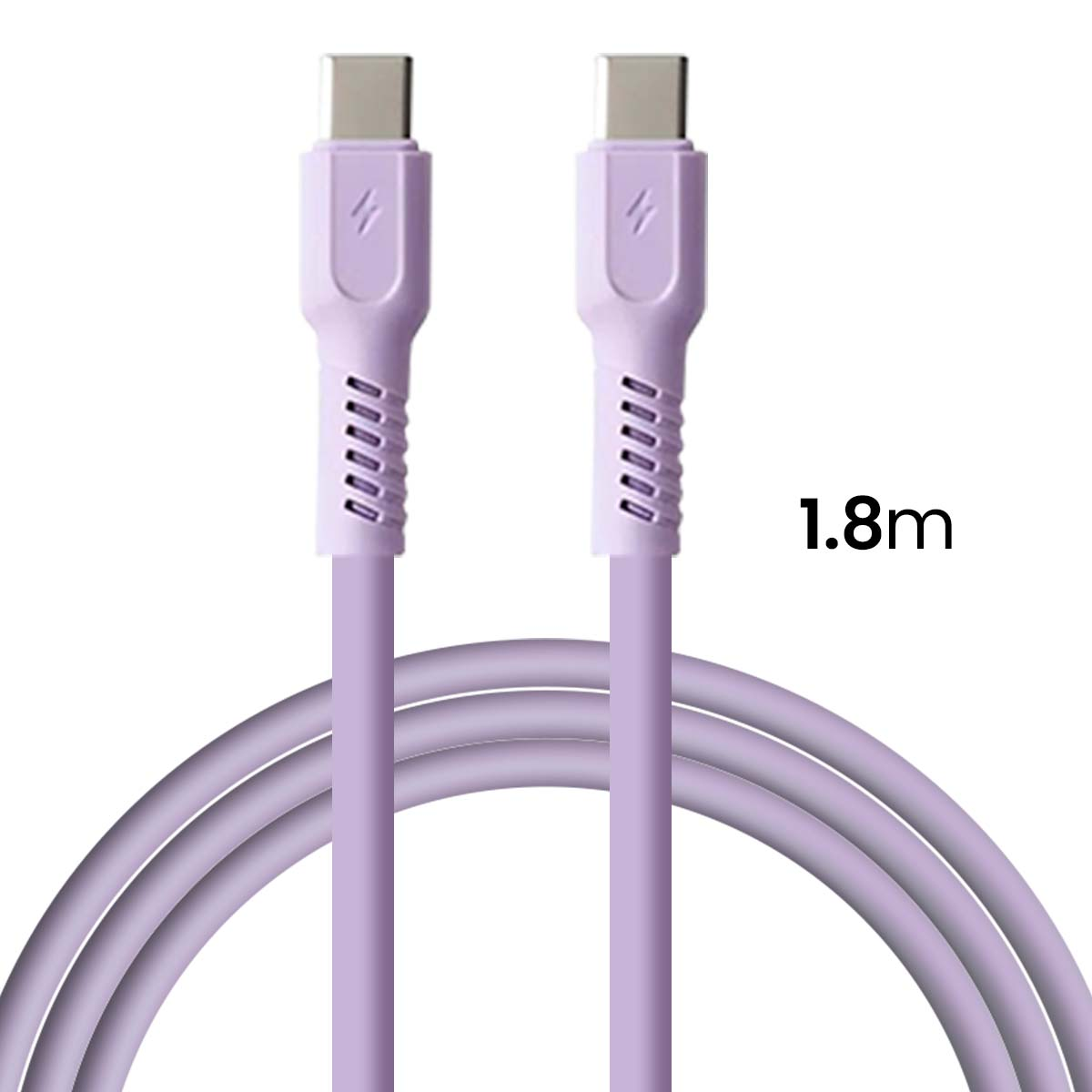 Un cavo USB-C lavanda da 1,8 m con connettori argentati.