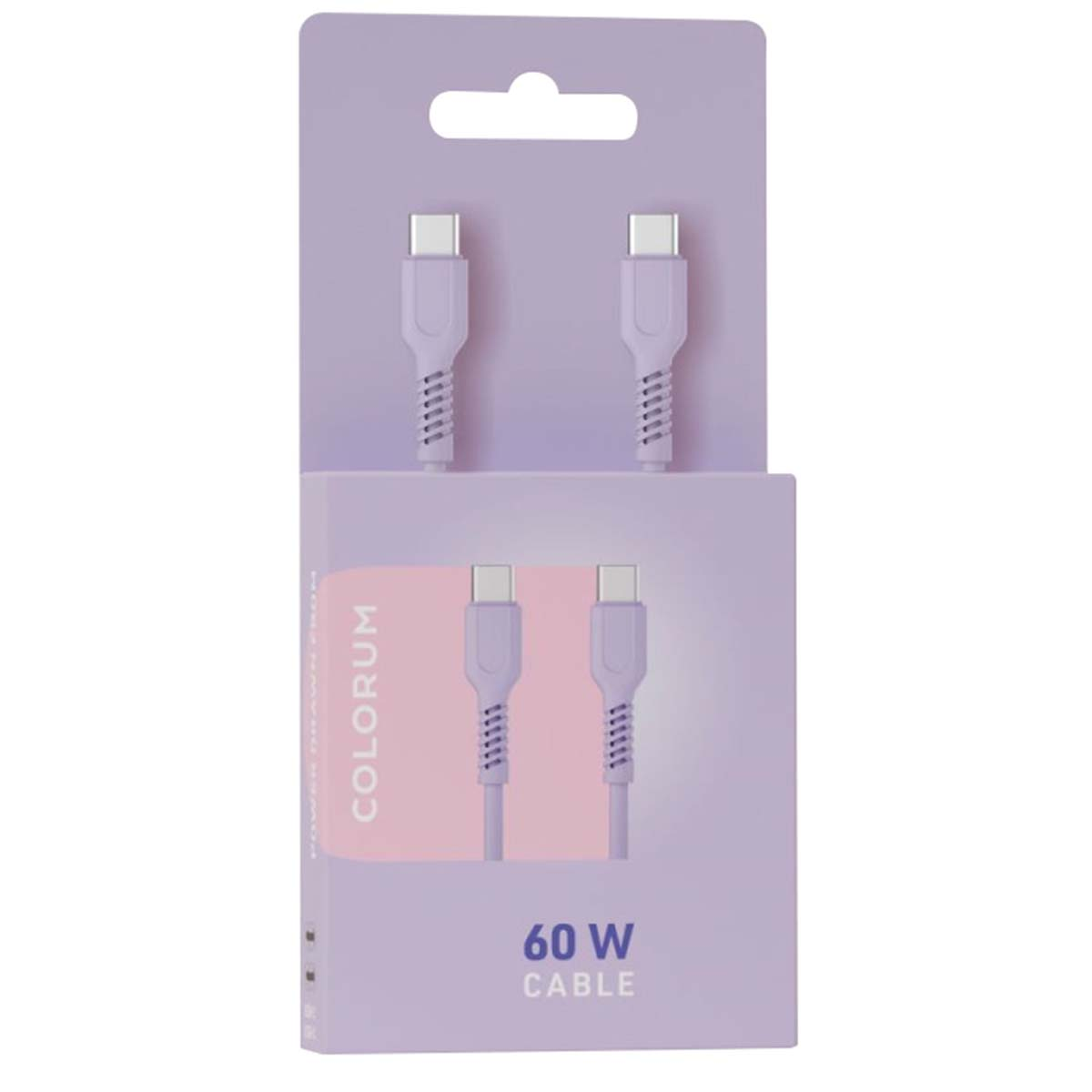Due cavi USB-C viola in confezione. Testo: 'COLORUM 60 W CABLE'.