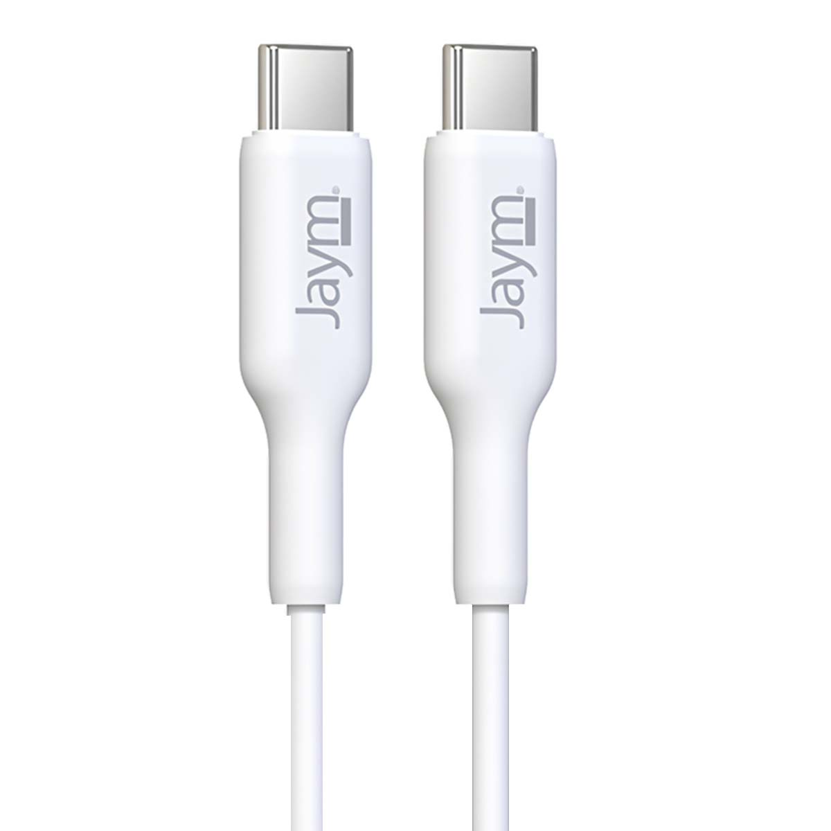Due cavi USB-C bianchi con connettori argentati e logo Jaym.