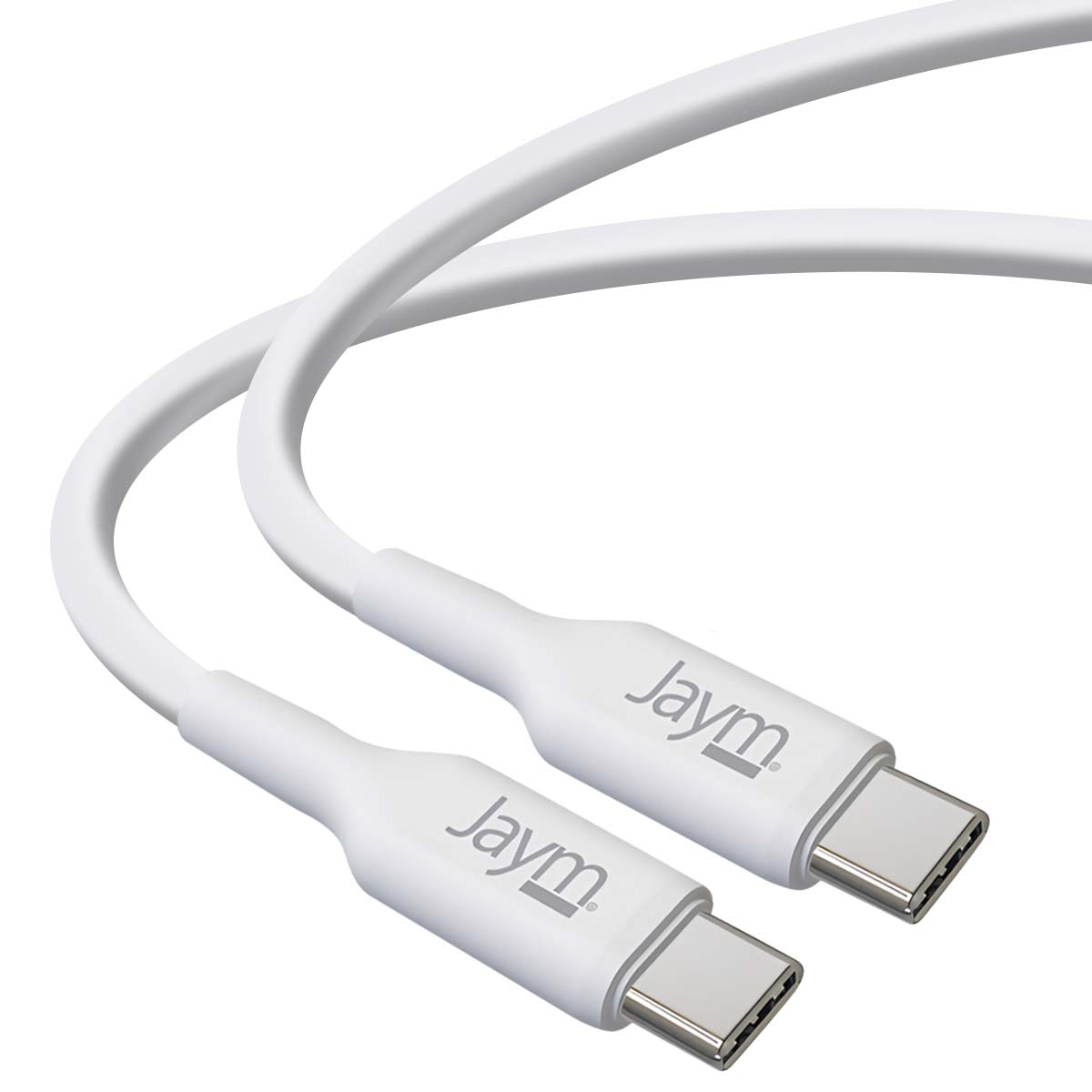 Due cavi USB-C bianchi con logo Jaym sono mostrati su sfondo bianco.