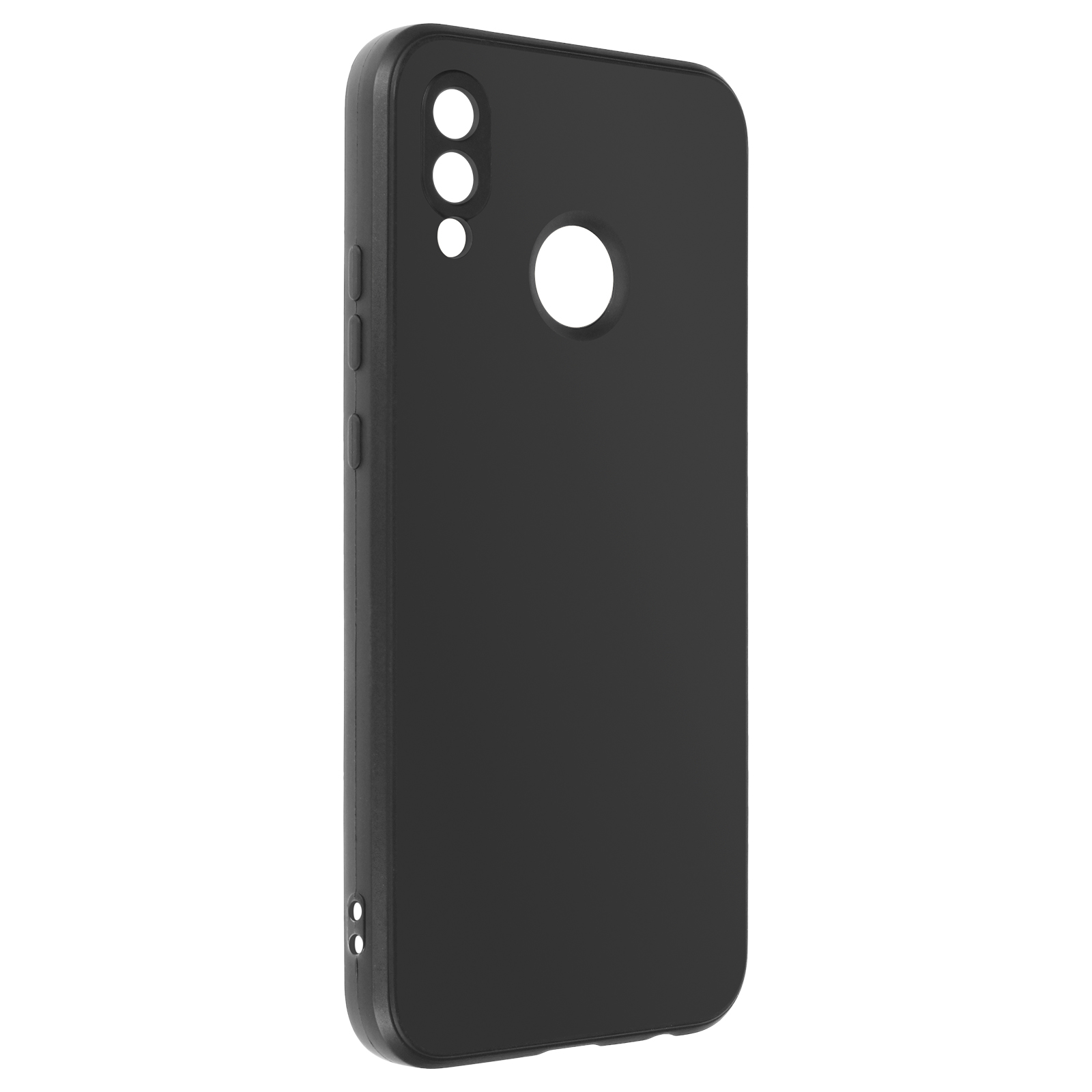 Custodia nera per telefono con ritagli per fotocamera e sensore impronte.