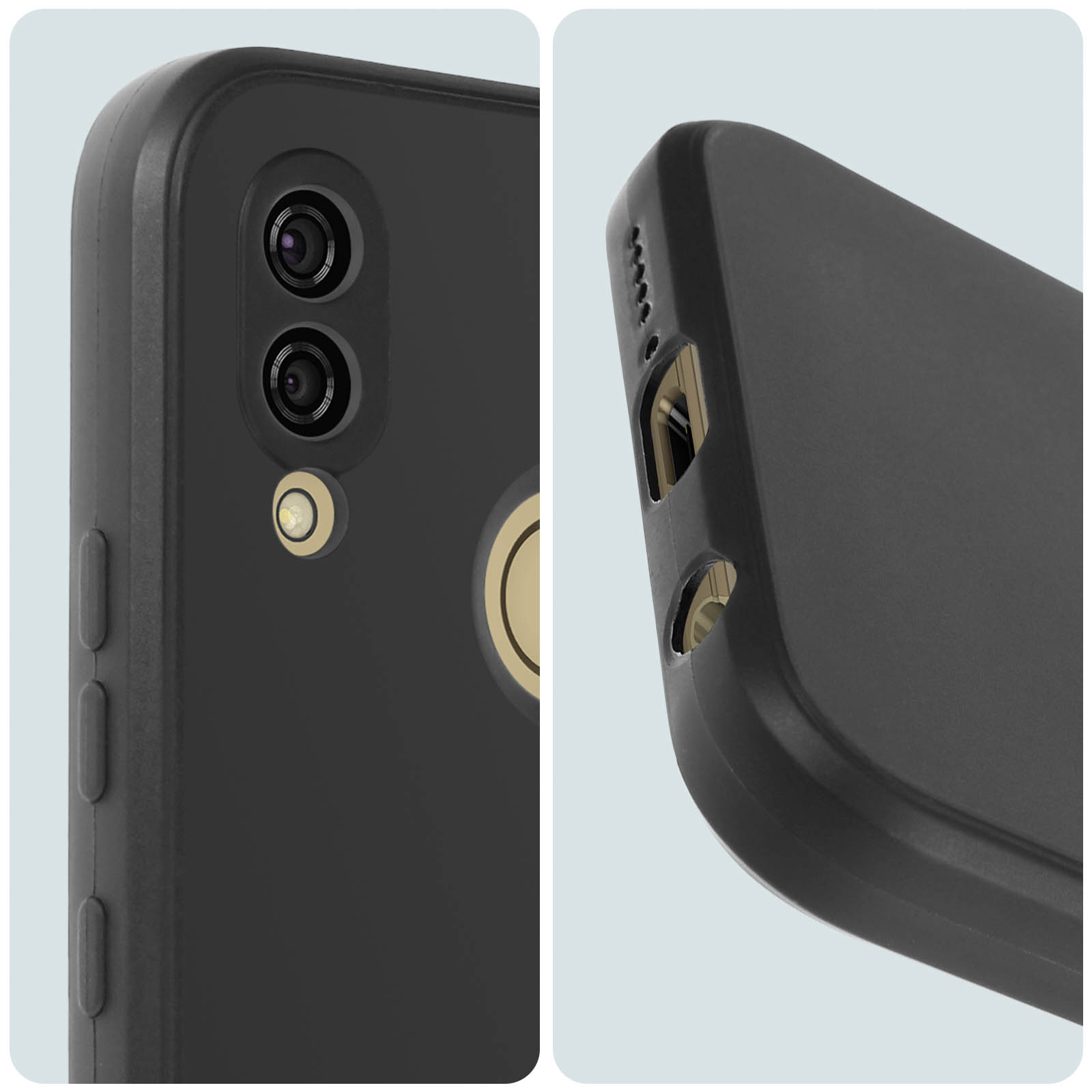 Custodia per telefono grigio scuro con doppia fotocamera, flash e sensore impronte.