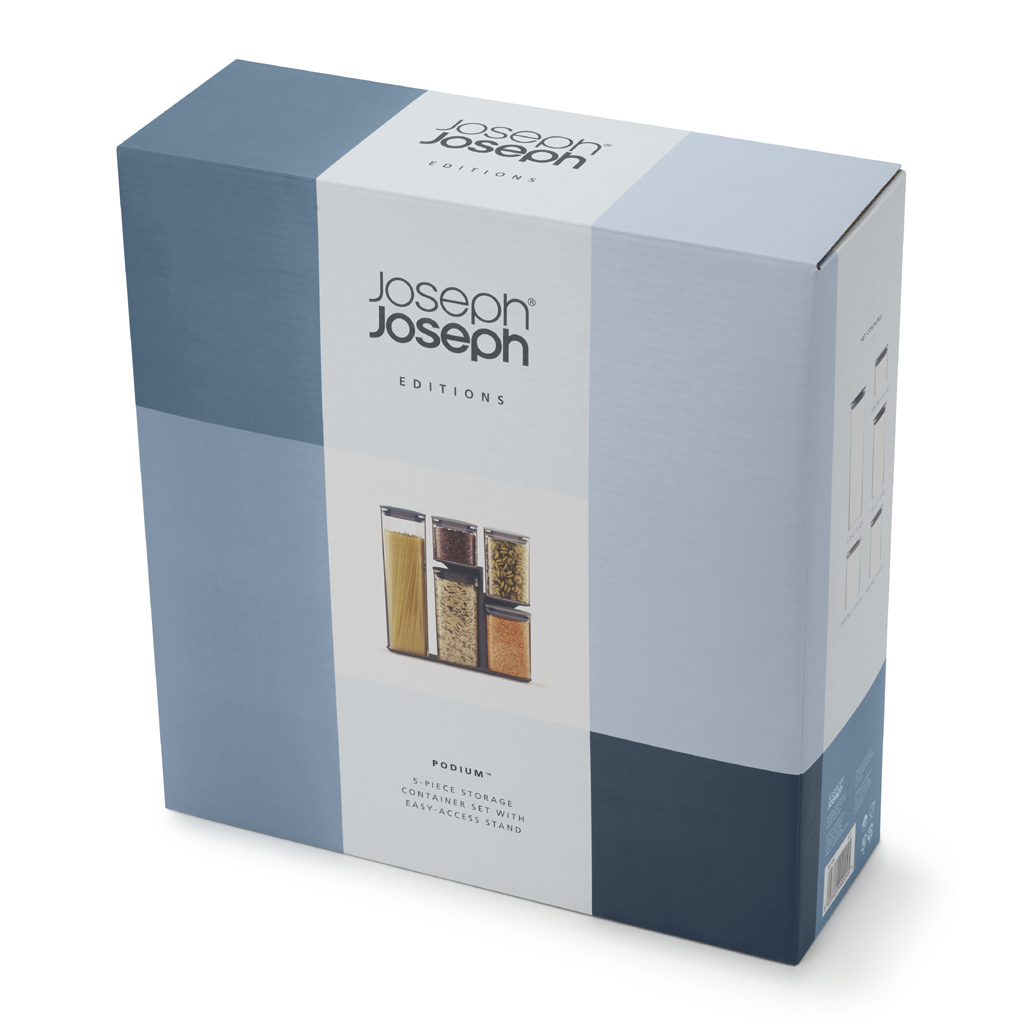 Scatola con contenitori Joseph Joseph. Include spaghetti, lenticchie, cereali.