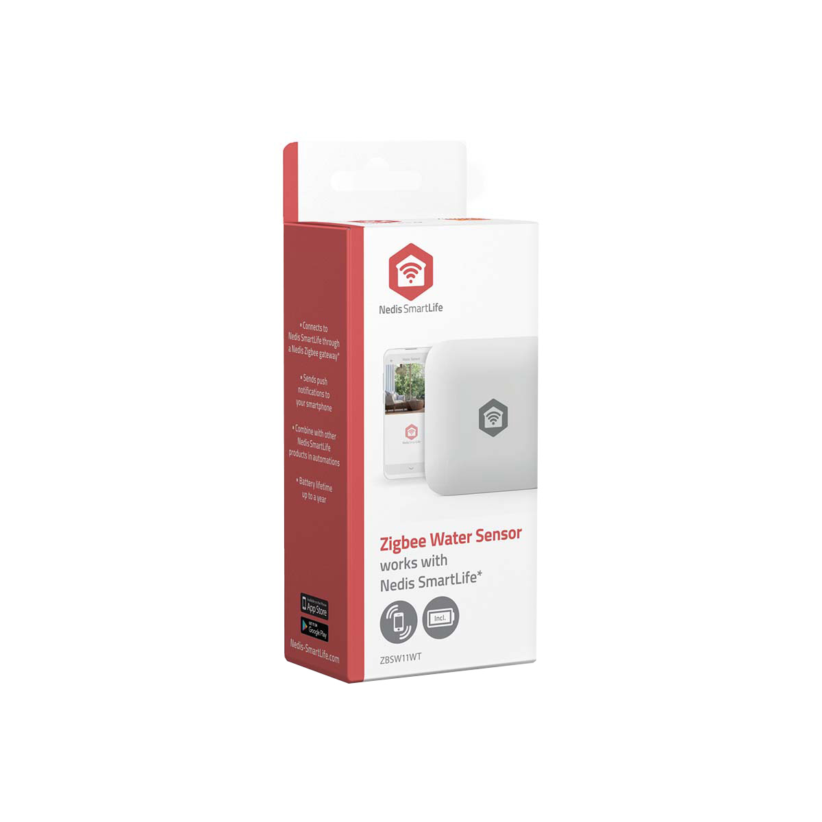 Nedis SmartLife Zigbee Water Sensor packaging showing product features.
