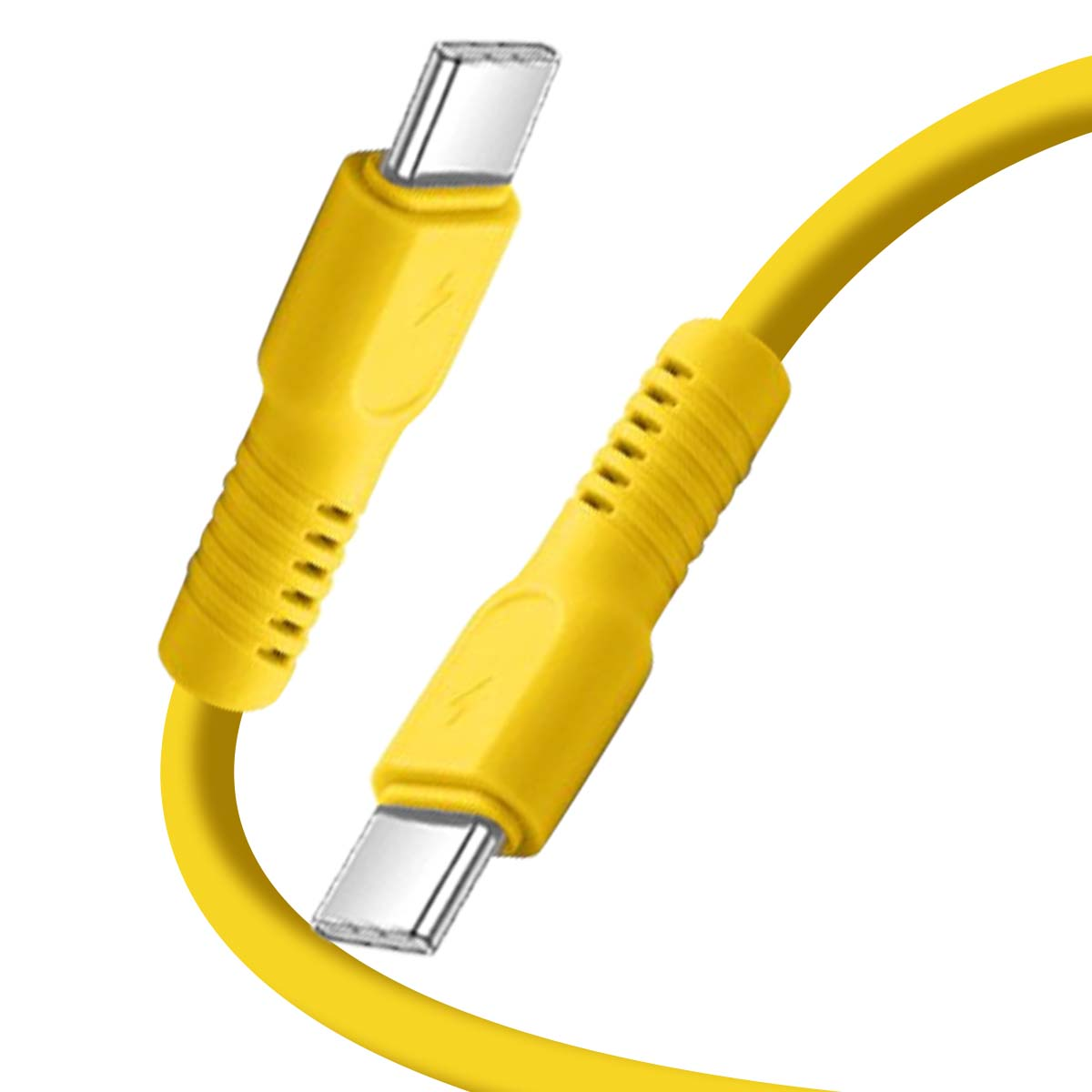 Un cavo USB-C giallo con due connettori su sfondo bianco.