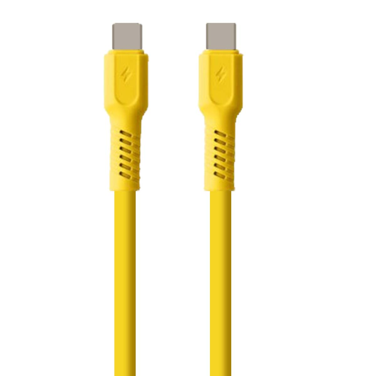 Due cavi USB-C gialli con connettori argentati su sfondo bianco.