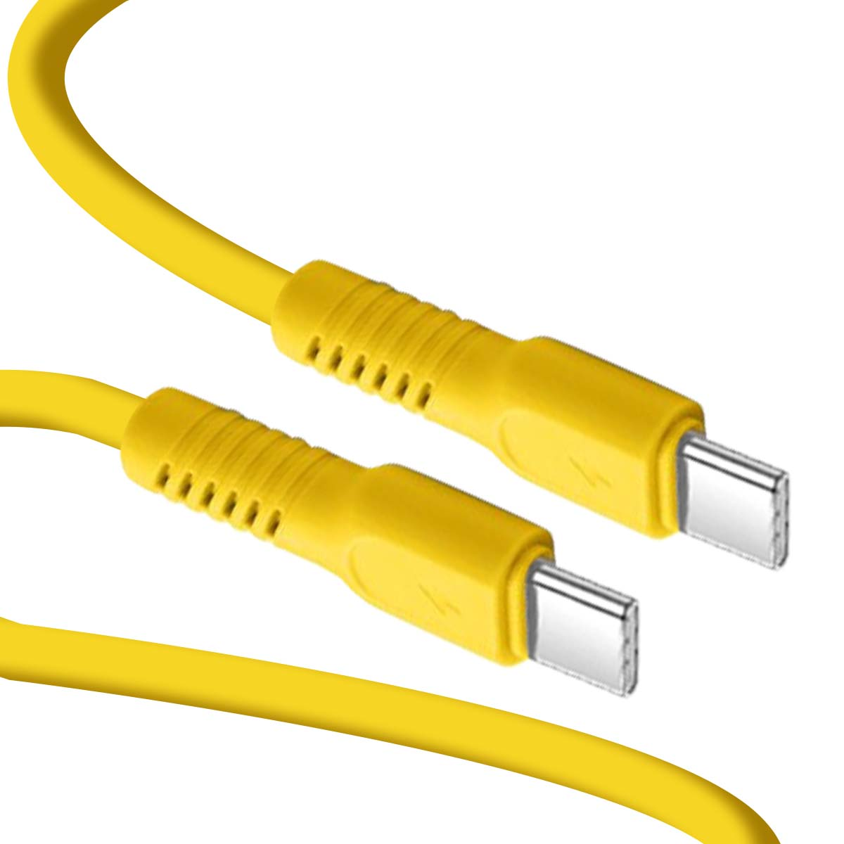 Due cavi USB-C gialli con connettori argentati su sfondo bianco.