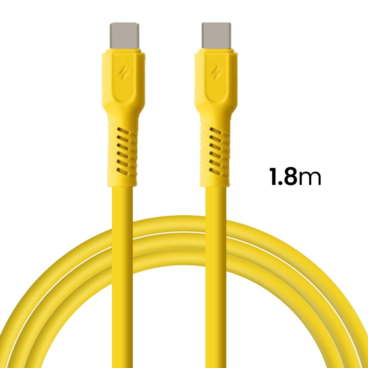 Un cavo USB-C giallo da 1,8 m con icone di fulmine.