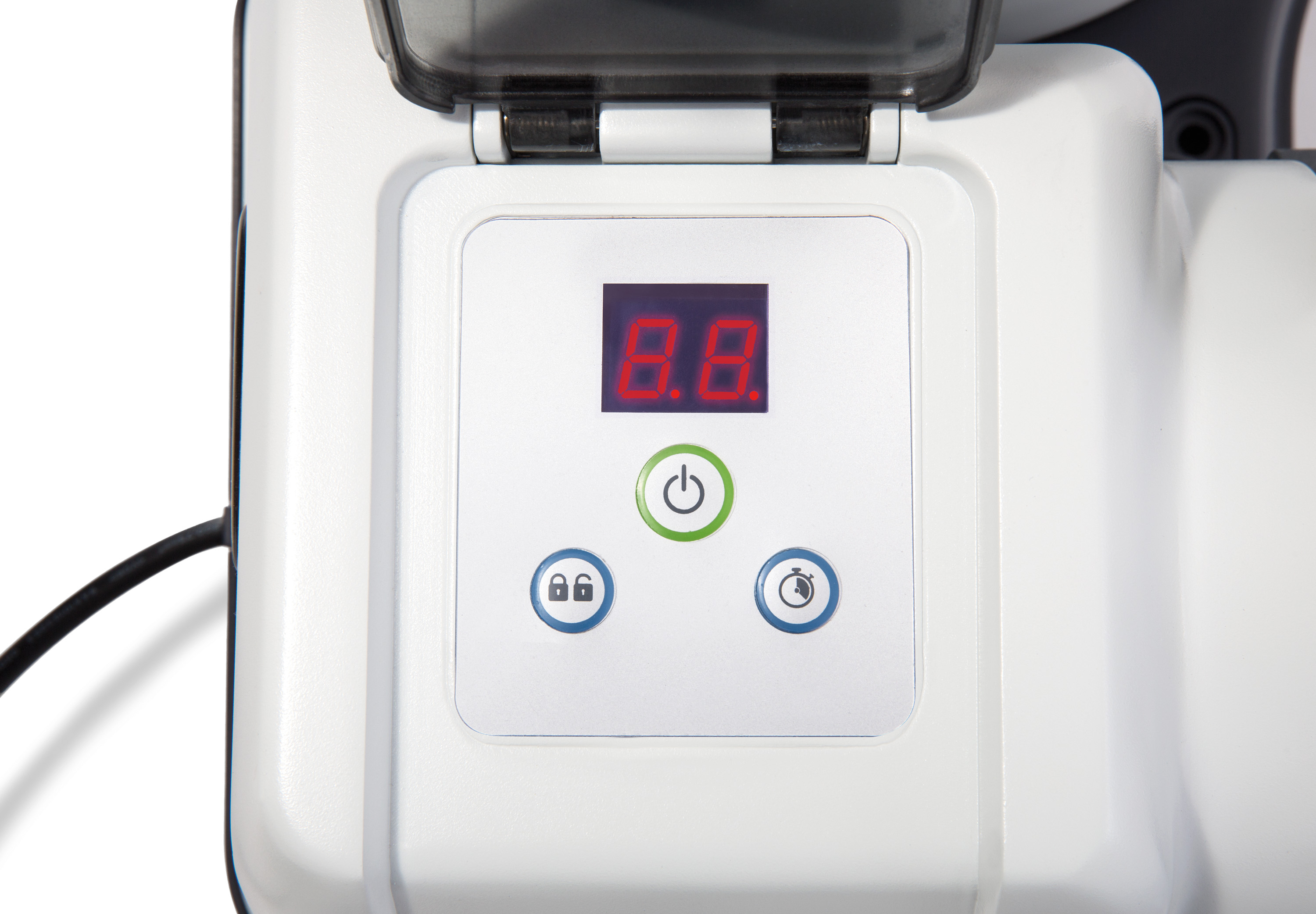 Un dispositivo bianco con display digitale rosso, pulsanti accensione, blocco e timer.