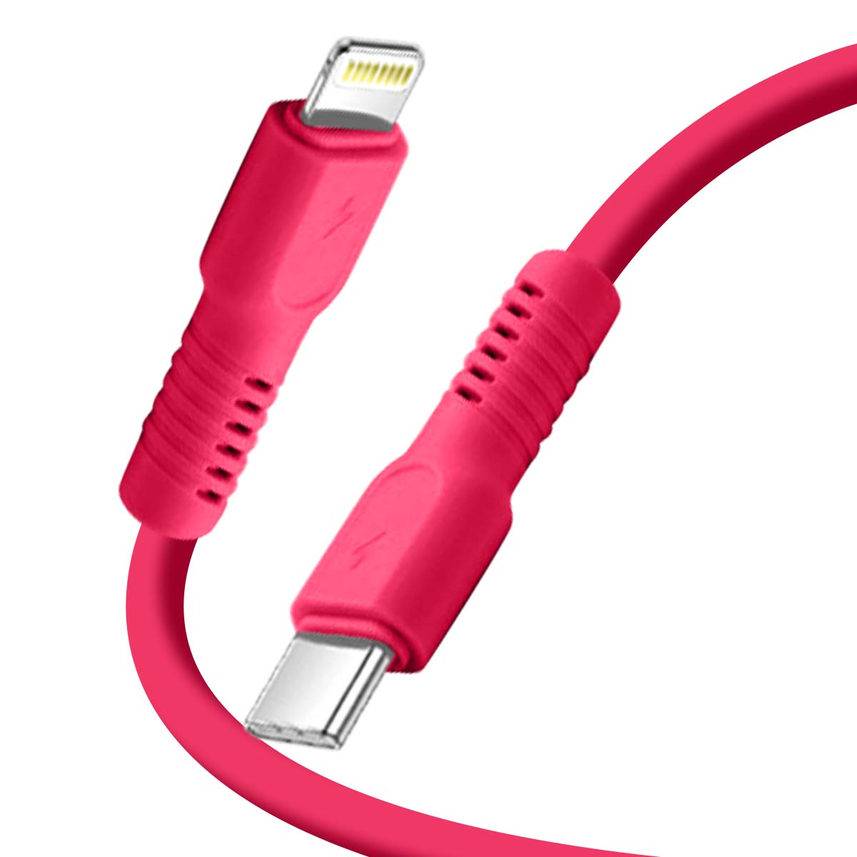 Un cavo da USB-C a Lightning rosa con connettori argentati.