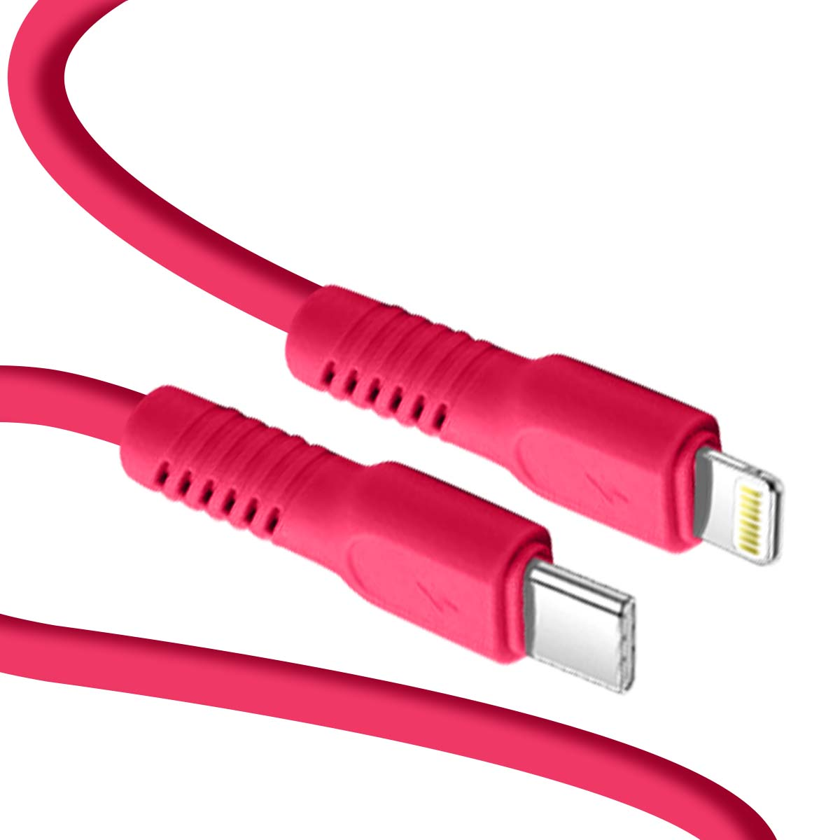 Due cavi di ricarica rosa: uno USB-C, uno Lightning, su sfondo bianco.
