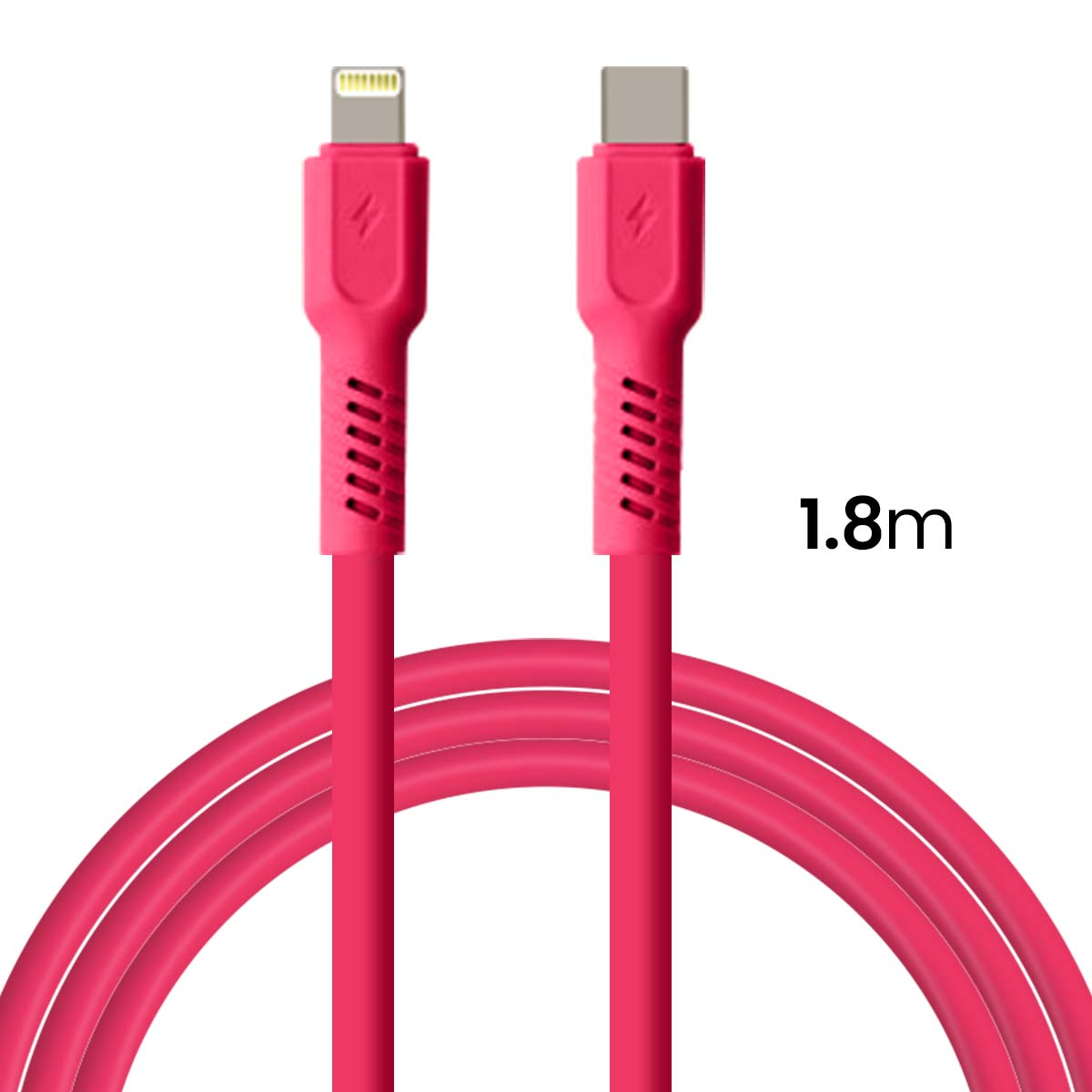Un cavo di ricarica rosso con connettori USB-C e Lightning. Lungo 1,8 m.