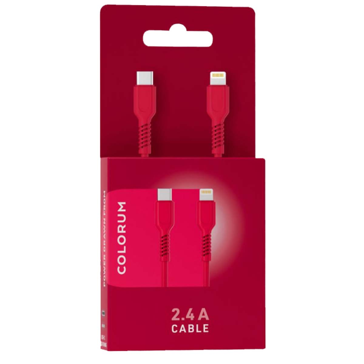 Cavo rosso con connettore USB-C e Lightning su confezione di cartone rossa.