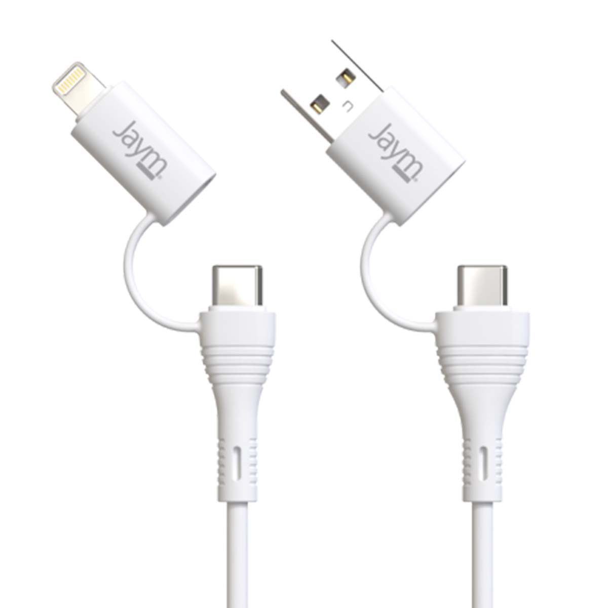 Due cavi di ricarica Jaym bianchi con connettori USB-A, Lightning e USB-C.