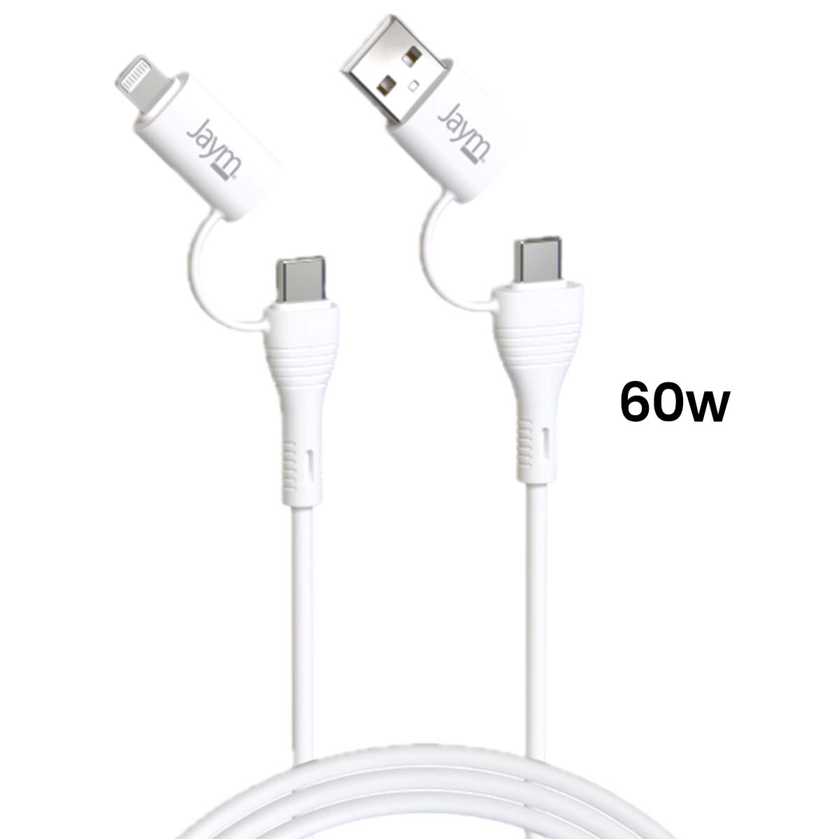 Due cavi di ricarica bianchi Jaym con connettori USB-A, Lightning e USB-C.