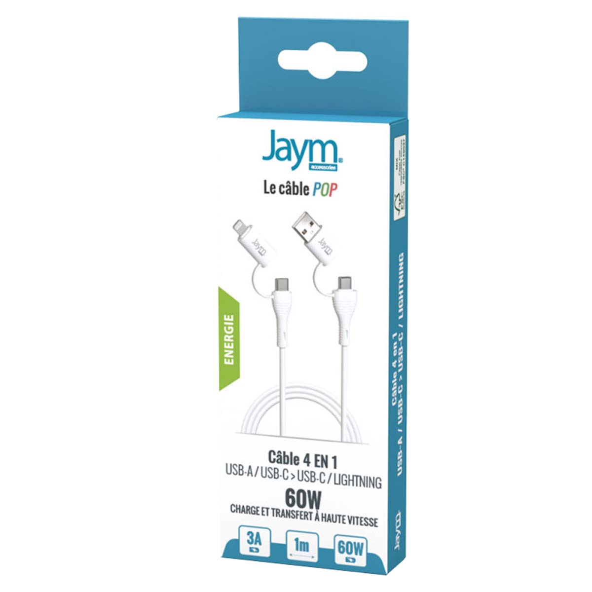 Cavo di ricarica Jaym 4 in 1 con connettori USB-A, USB-C e Lightning, 60W.