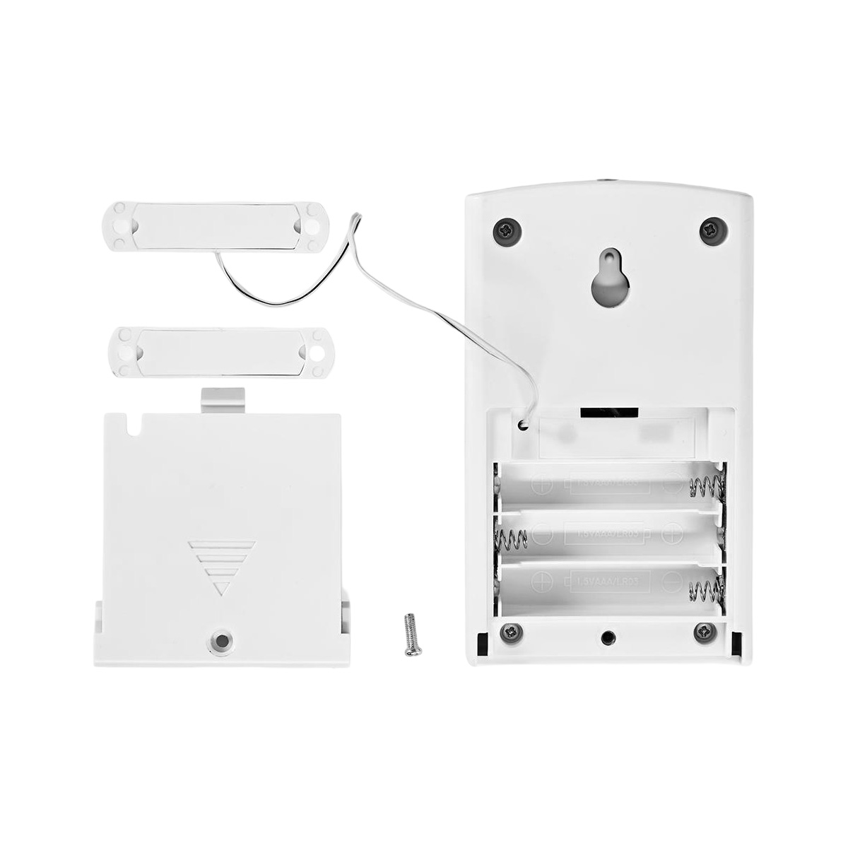 Sensore porta bianco con batterie e fili. Supporto a muro. Parti sensore separate.