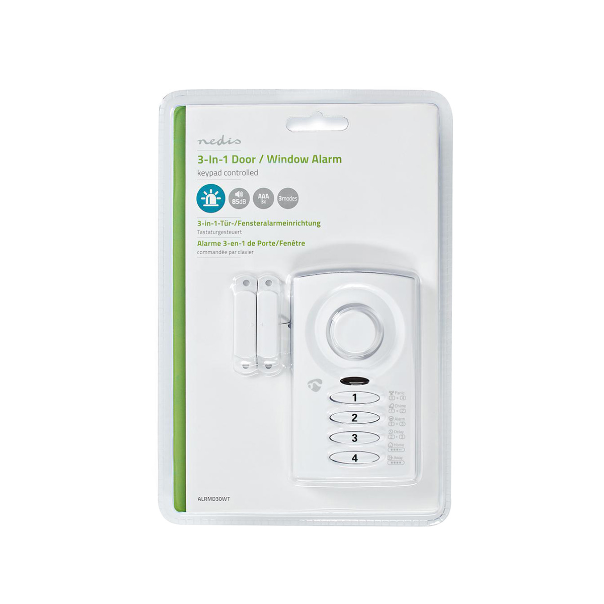 Un allarme bianco Nedis 3 in 1 per porta/finestra con tastiera, 85dB, 3 modalità.