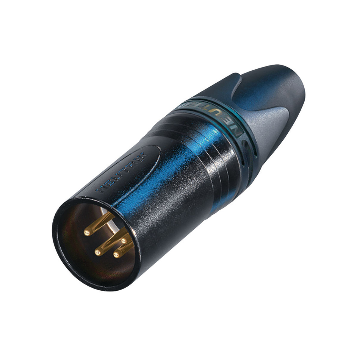 Un connettore XLR nero con pin dorati e accenti blu.