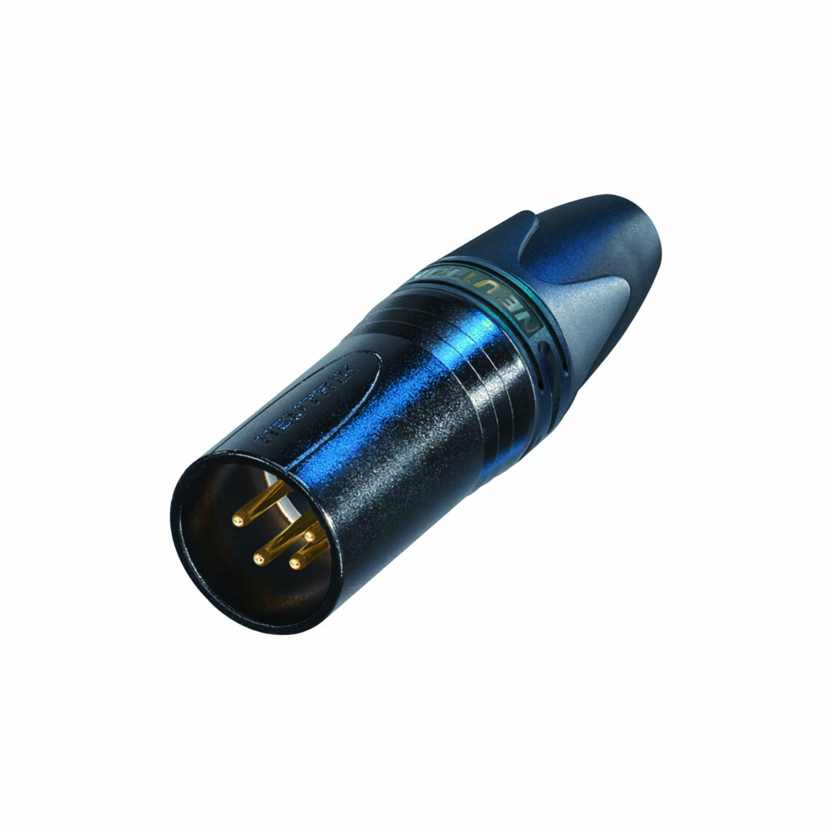 Connettore XLR nero con tre pin dorati e accenti blu.