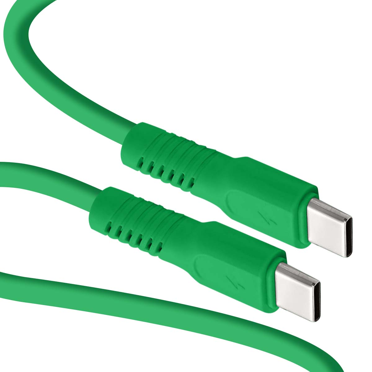 Due cavi USB-C verdi con connettori argentati su sfondo bianco.