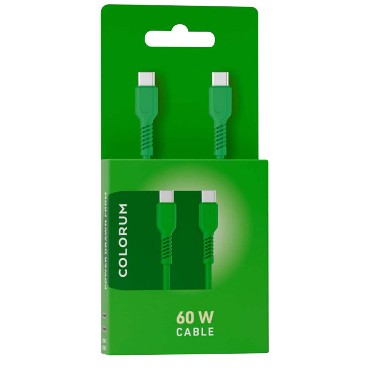 Confezione di cavi verde che mostra due cavi USB-C e testo 60W.