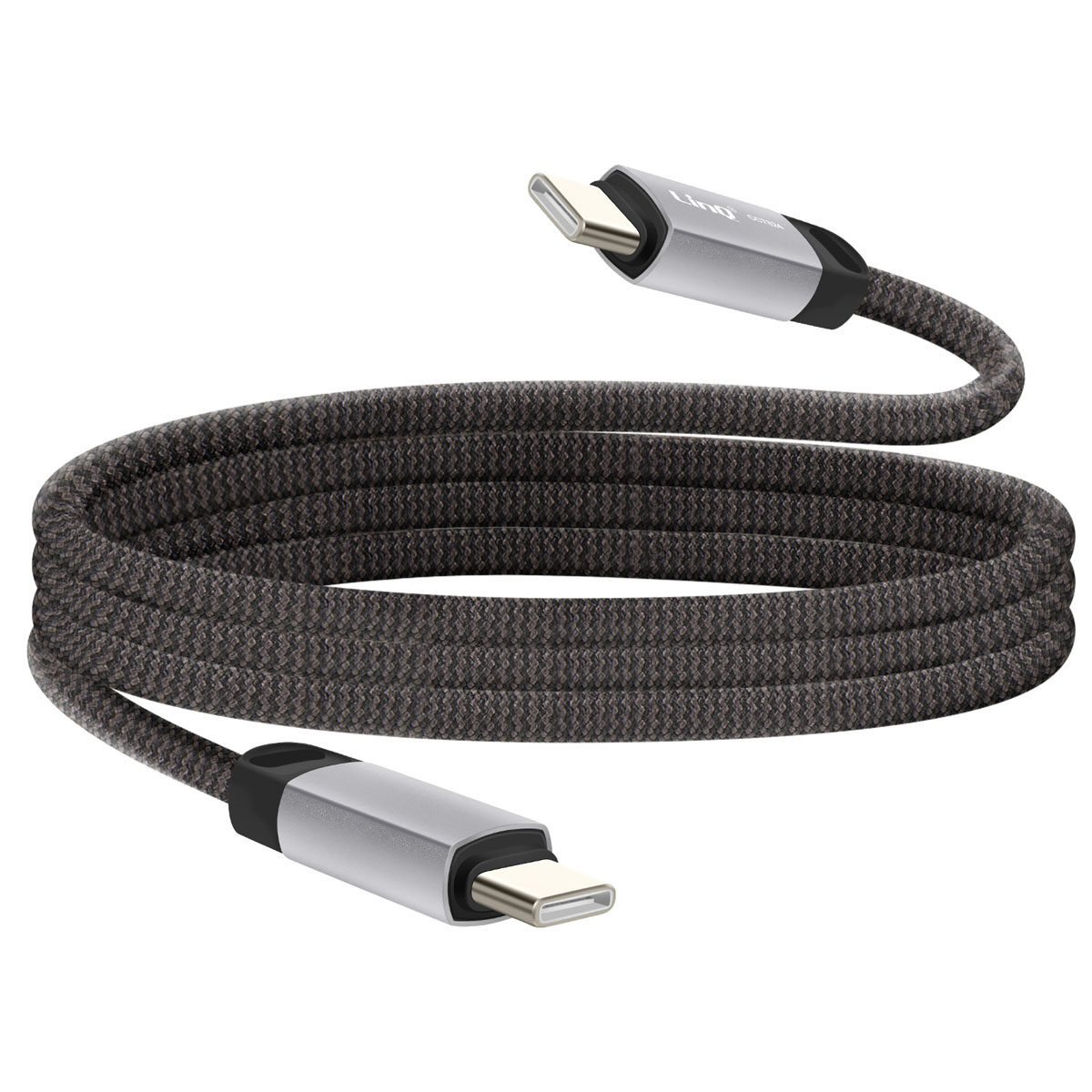 Un cavo da USB-C a Lightning grigio con connettori argentati.