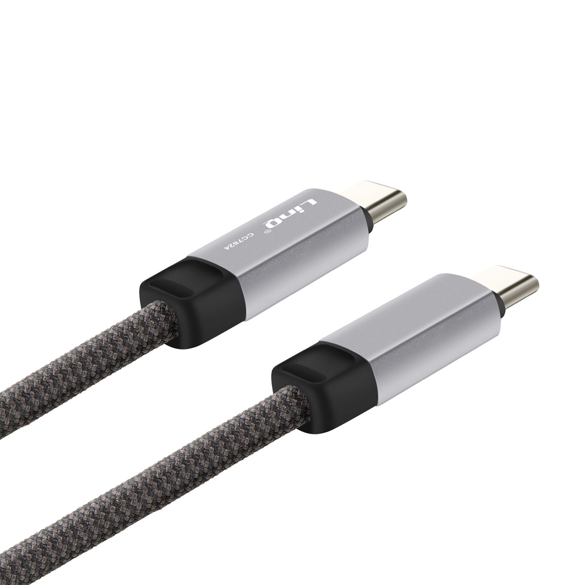 Un cavo USB-C argentato con cavo intrecciato grigio e connettori neri.