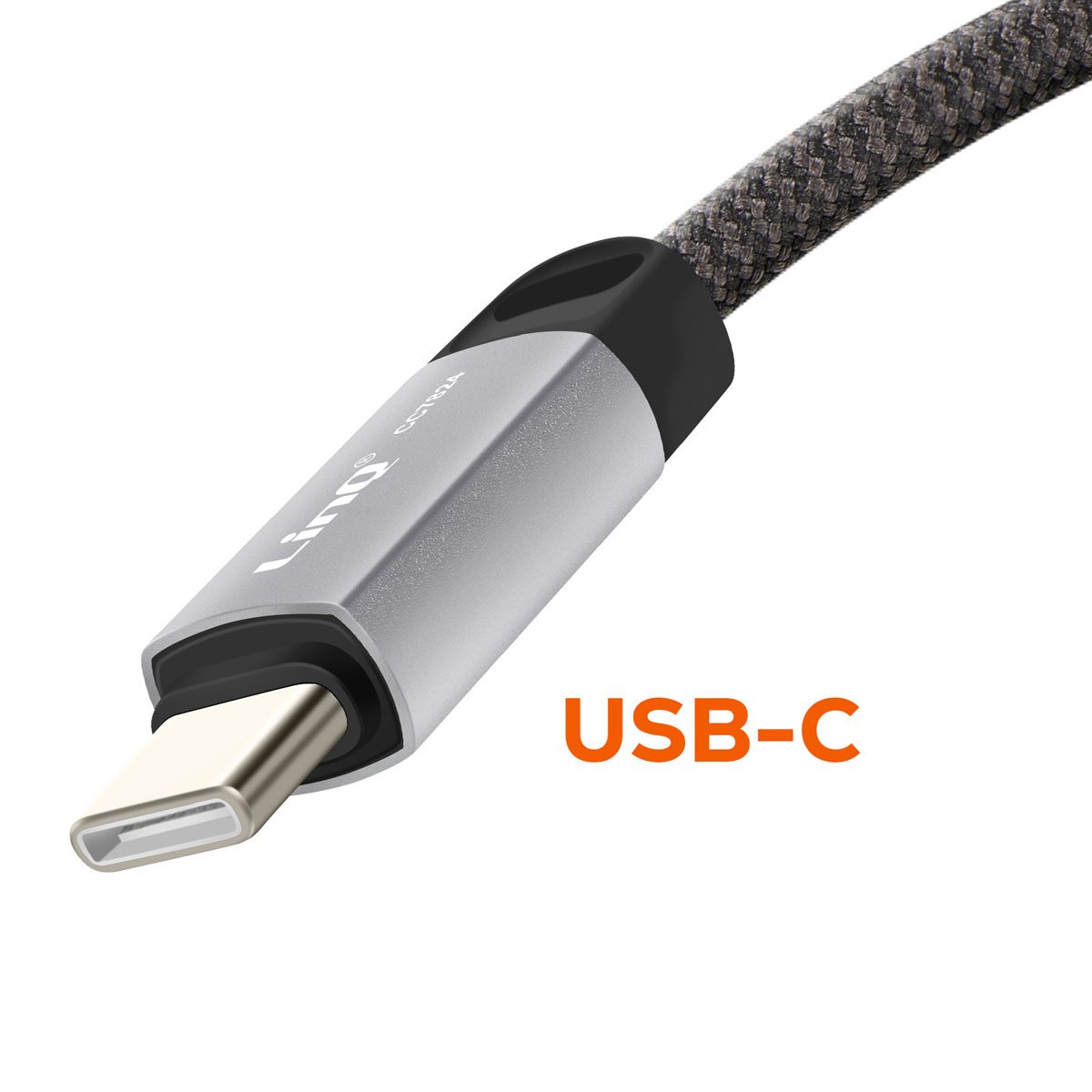 Un connettore USB-C argentato con cavo nero e grigio.
