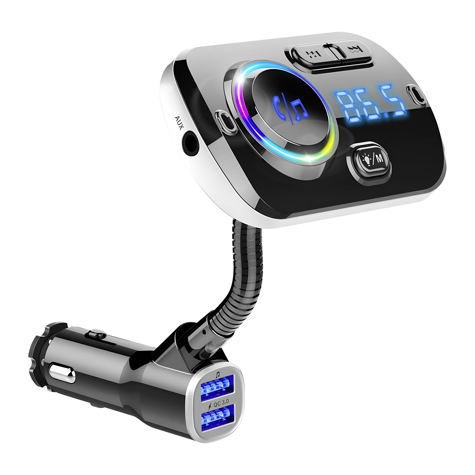 Un trasmettitore per auto argentato con due porte USB e un collo flessibile.
