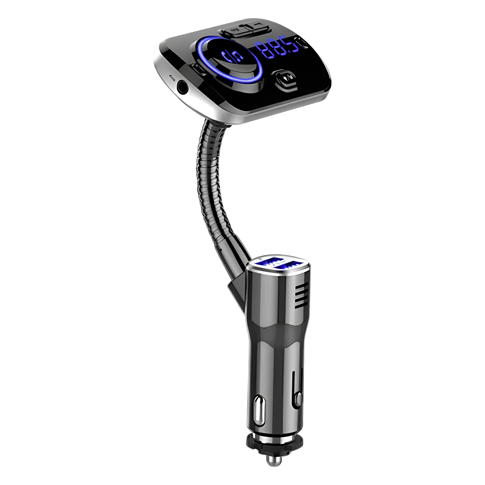 Caricabatterie per auto nero con collo d'oca flessibile e display LED blu che mostra '88.5'.
